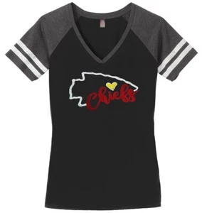 Women's Kansas City Chiefs Ladies V-neck T-shirts Bling Shirt Football Tee - Picture 1 of 9