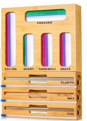 Organizador de saco 6 em 1 bambu ziplock e dispensador de papel alumínio e plástico - Imagem 1 de 2