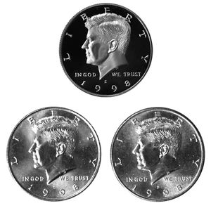 1998 P D S Kennedy Half Dollar Year Set Clad Proof & BU US 3 Coin Lot - Bild 1 von 2