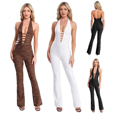 Damen Elegant Einteiler Jumpsuit Blumenspitzen Overall Neckholder Top Romper - Bild 1 von 3