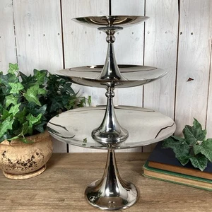 Crate & Barrel Graduated Sizes Silver Nickel Pedestal Trays Lot Of 3 - Picture 1 of 22