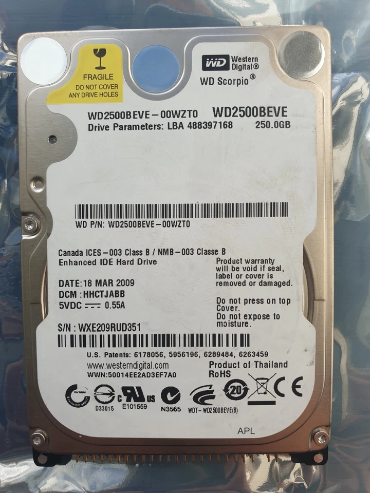 Western Digital 250GB WD2500BEVE-00WZT0 2.5" IDE HARD DRIVE WD - DCM: HHCTJABB - Image 1 of 1