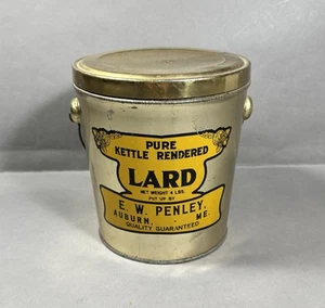 Antique Tin Kettle Pure Rendered Lard Pail 4 Lb ~ E.W. Penley Auburn, Maine - Picture 1 of 12