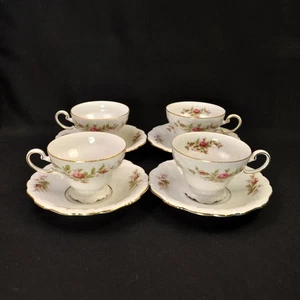 Johann Haviland Set 4 Cups & Saucers Red Pink Moss Rose Green w/Gold 1966-1980's - Picture 1 of 24