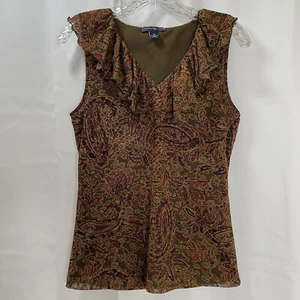 American Living Gr. M Top ärmellos V-Ausschnitt Rüschen gefüttert Mesh Erdtöne oliv - Bild 1 von 6