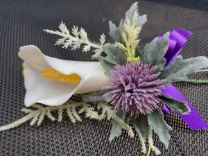 Cream Calla Lily purple Thistle and cream Heather buttonhole with purple ribbon - Picture 1 of 4