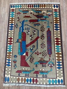 Handmade Afghan War Rug – Vintage Wool Carpet – Military Helicopters & Rifle Des - Picture 1 of 10