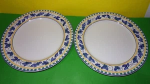 Sango Fiesta Dinner Plates with Blue Flowers On Green & Yellow Border Set of 2 - Picture 1 of 2