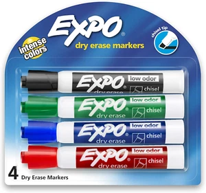 Expo Low Odor Dry Erase Markers | 4 Colors Chisel Tip Whiteboard Pens - Picture 1 of 9