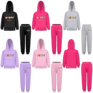 Kids Girls Tracksuit Hearts Print Pullover And Trousers Training Sweatsuit Fall - Picture 1 of 58
