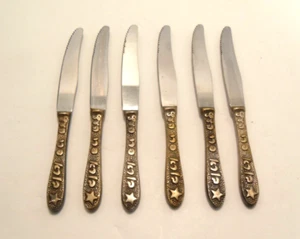 Vintage Set of 6- ISRAEL Engraved -6 1/2" long Brass Handled Knives  SHARP - Picture 1 of 6