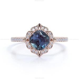 Engagement Band Fine Birthday Ring 14k Rose Gold Alexandrite Diamond Gemstone - Picture 1 of 5