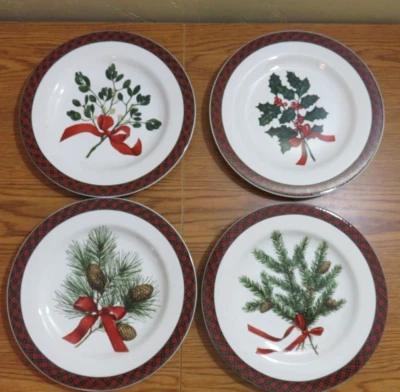 4 Sakura Holiday Greens Salad Dessert Plates Mistletoe Holly Plaid Oneida NIB - Image 1 of 4