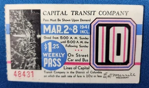 Washington DC 1941 Capital Transit Co Weekly Pass Ticket District of Columbia 10 - Picture 1 of 3
