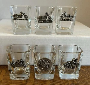 Rare Vintage 6 Set Motorcycle Square Shot Glasses Glass With Pewter 2 Oz - Picture 1 of 12