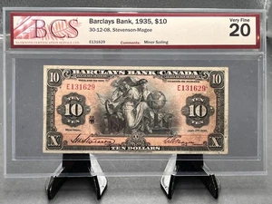 1935 Barclays Bank $10 Bank Note BCS Graded VF20 Small Signatures SN E131629 - Picture 1 of 5