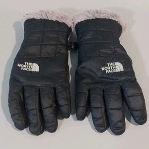 The North Face Girls Winter Gloves LARGE Black Grey Faux Fur Embroidered Logo - Picture 1 of 16