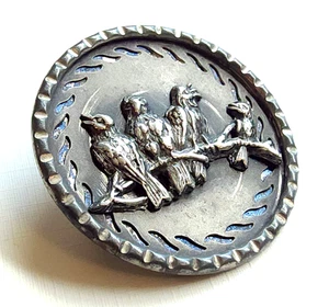 Four Birds on a Branch Large Antique Pewter & White Metal Picture Button 1-3/8" - Picture 1 of 4