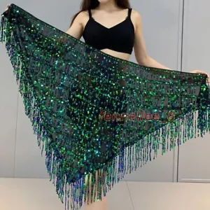 Women Belly Dance Costume Triangle Sequins Fringe Hip Scarf Belt Shawl 4 Colors - Picture 1 of 18