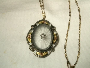 Vintage Sterling Silver, 12K Gold Filled, Diamond Camphor Glass Pendant Necklace - Picture 1 of 8