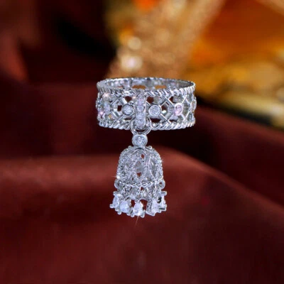 Silver Plated Cubic Zirconia Hollow Out Charm Tassel Dangle Band Ring Women Gift - Image 1 of 4