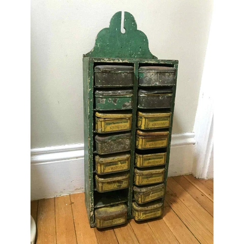 Vtg Antique Small Storage Shelf with Old Tobacco Can Drawers Cover