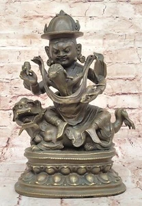Vintage Tibetan Genuine Bronze Buddha On Foo Dog Statue Sculpture Decor - Picture 1 of 10