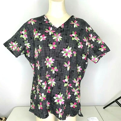 Women's Sz M Scrub Top Black w/ Floral Design Medical Vet Dental Tech w/ Pockets - Image 1 of 4