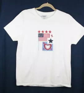 C Port & Company Ladies T-Shirt US Flag Stars Heart Embroidered Size M/M White - Picture 1 of 7