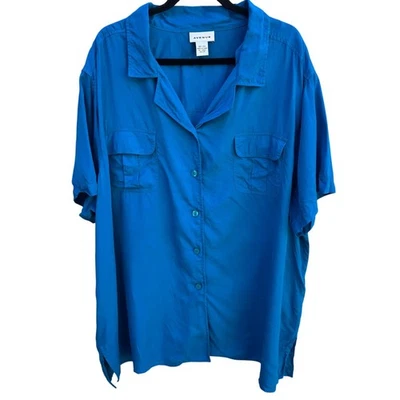 Avenue Womens Silk Button-Down Turquoise Camp Collar Plus Size Shirt Blouse 26/2 - Image 1 of 4