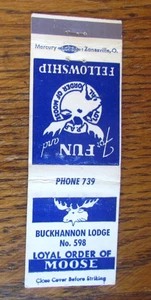 MOOSE LODGE #598 MATCHBOOK COVER: BUCKHANNON, WEST VIRGINIA EMPTY MATCHCOVER -A9 - Picture 1 of 2