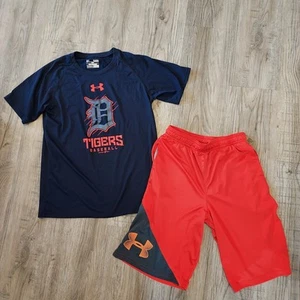 Under Armour Set Boys Size Large 14/16 Athletic Shirt Shorts VGUC Detroit Tigers - Picture 1 of 1
