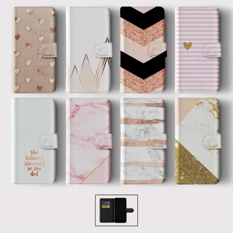 CASE FOR IPHONE 16 15 14 13 12 11 PRO WALLET FLIP PHONE COVER ROSE GOLD HEARTS - Image 1 of 1