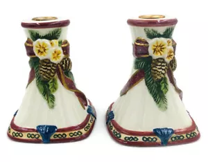 Bella Casa By Ganz Xmas Holiday Ribbed Square Candlesticks Ribbon Pinecone Set 2 - Picture 1 of 8