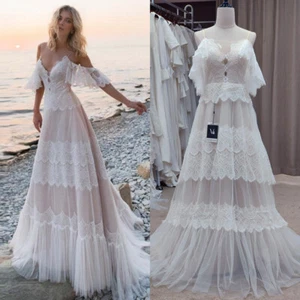 Elegant Bohemia Wedding Dresses V-Neck Ruffle Sleeves Lace A-Line Bridal Gowns - Picture 1 of 19