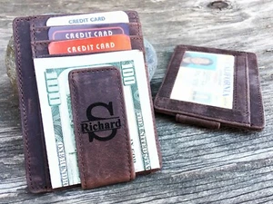 Slim Leather Money Clip, Personalized Custom Minimalist Credit Card Wallet - Picture 1 of 4