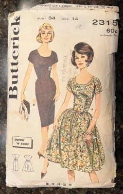Butterick 2315 Misses Dress w/Shirred Detail Original  1963 Pattern size 14 Cut - Image 1 of 2