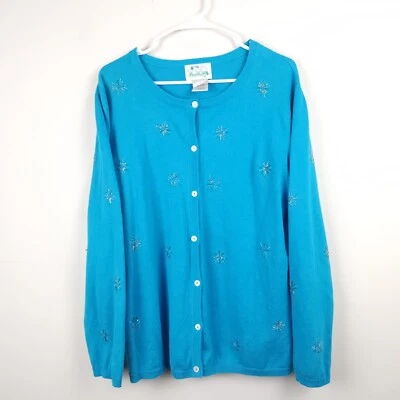 Quacker Factory Cardigan Womens Large Blue Snowflake Winter Sweater Beaded Spot* - Image 1 of 4
