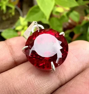 925 Solid Silver Pendant 50+CT Lab Grown Pigeons Blood Ruby Gemstone - Picture 1 of 7