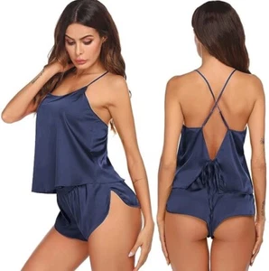 Ekouaer Silky Pajamas Set for Women Satin Backless Lingerie Pjs Cami Top Shorts - Picture 1 of 6