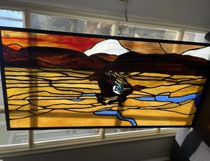 Handmade Stained Glass Panel 32.5x 15.25” Native American Indian Horse Mountain - Picture 1 of 7