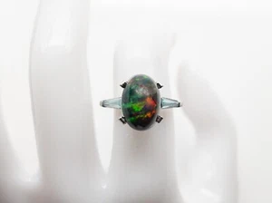 Anello vintage anni 40 $7000 5,50 ct opale nero naturale zirconi blu platino 7 g - Foto 1 di 10