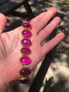 Vintage poured glass cab chain brass? bracelet purple fuchsia Hattie Carnegie?