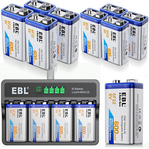 EBL 6F22 9 Volt Li-ion Battery Rechargeable Batteries + 9V Battery Charger LOT