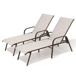 Set of 2 5 Position Full Flat Outdoor Recliner Adjustable Chaise Lounge Chair - Picture 1 of 9