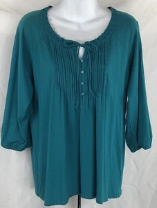 Fashion bug baby doll top L teal crochet tie neck 3/4 sleeves pleated buttons - Picture 1 of 5