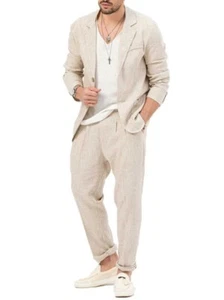 Men's Casual Summer Thin Suit Linen Fabric Breathable Jacket Trousers Party - Picture 1 of 15