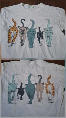 Camiseta vintage de gatos caminando colas para mujer mediana - puntada única Foto 1 de 4