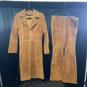 Vintage Suede leather coat /pants Set Medium Tan Brown Gold stitching Buttons - Picture 1 of 13