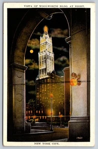 Vista Of Woolworth Bldg At Night NYC New York Postcard Municipal Bldg Arch - Picture 1 of 3